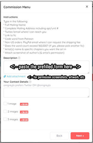 Enter commission details and attachments